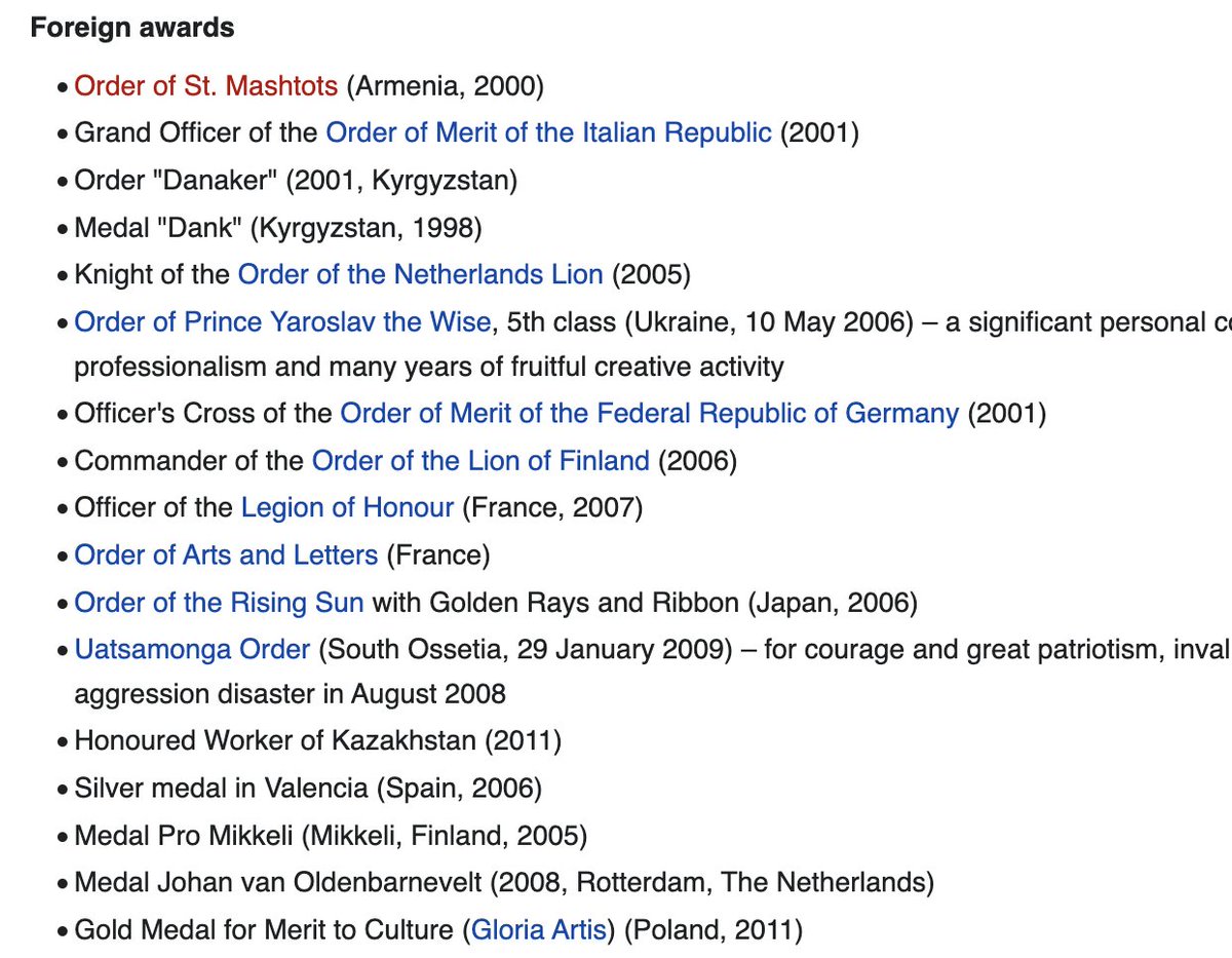 Here is an incomplete list of Gergiev's international titles and medals.‘Officer of the Legion of Honour’ (FR). ‘Knight of the Order of the Dutch Lion’. Legion of Honour? Really? The time has come to stop praising Putin's accomplices. Talent, however great, can’t be an excuse.