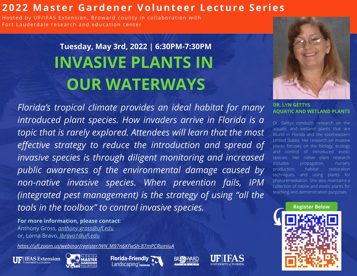 #browardcounty #browardleague #browardparks #broward <a href="/TParklander/">the Parklander Magazine</a> @APMSociety <a href="/Aquatic_FL/">FL Coastal Office</a> <a href="/UFIFASCAIP/">UF IFAS Center for Aquatic and Invasive Plants</a> <a href="/sfapmsorg/">SFAPMS.org</a> <a href="/SFWMD/">South Florida Water Management District</a> <a href="/SFLReporter/">SouthFloridaReporter</a> 
Join us for our FREE webinar to all #SOFLO residents.
Tuesday May 3rd 6:30 pm ( room opens at 6:15 )
go.ufl.edu/hd0hhnw