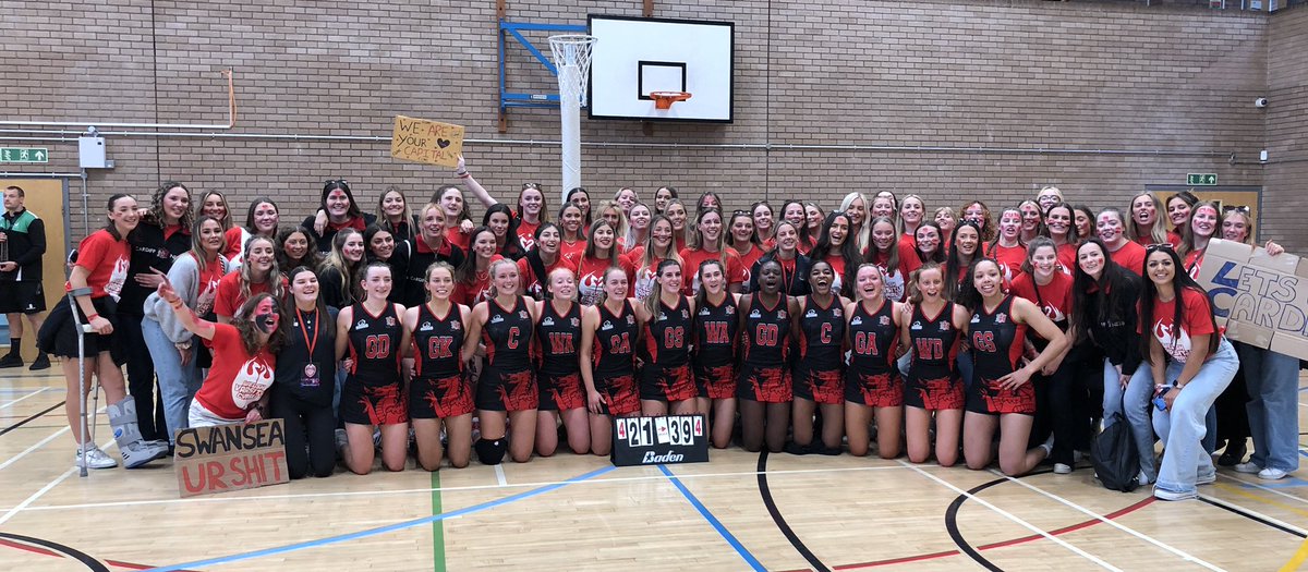 Bevs_Powell's tweet photo. Another great event￼￼ @TheWelshVarsity and well contested match. @CardiffUniNet take the win…. Super proud of this team and what they’ve achieved this year! Thank you @SwansUniNetball for another great game. Big shout to the supporters, you were immense! #TeamCardiff https://t.co/QmpEUpNcDW