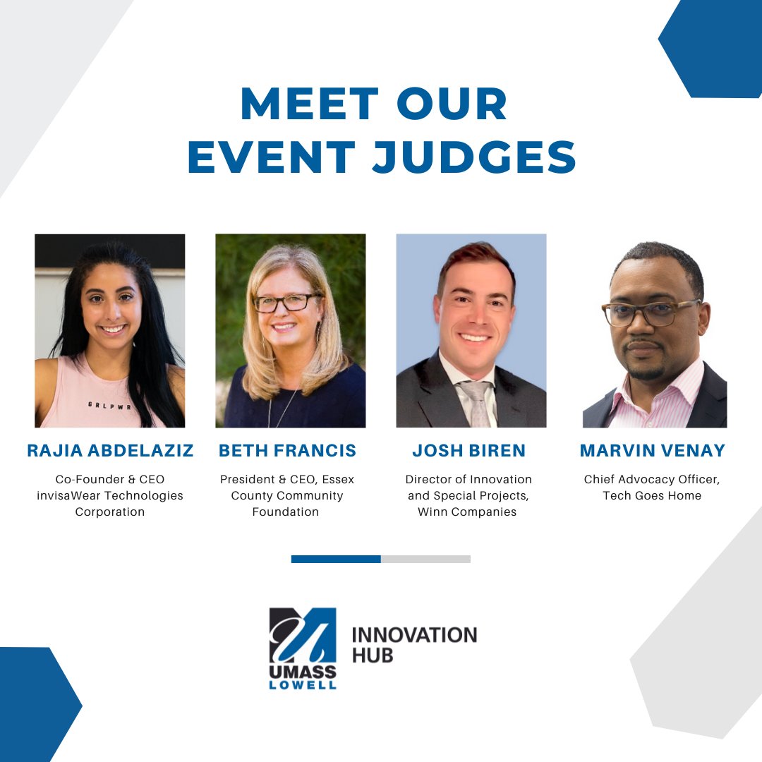 ihub_uml's tweet photo. Meet our judges for the 2022 Digital Equity Challenge! 
@ECCFGives @invisaWear @TechGoesHome @WinnCompanies 
Last minute tickets available.  Event kicks off at 6 p.m. tonight, with livestream starting at 6:30 p.m. https://t.co/hYgMmCv43A https://t.co/lhn7Stxocc