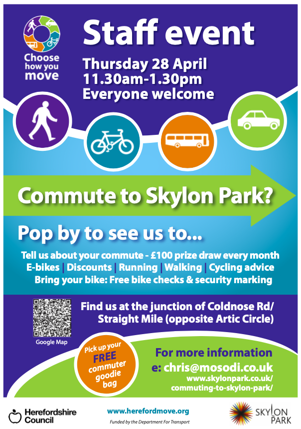 🚆 🚗  🛴  🚲  🏃 🚆 🚗  🛴  🚲  🏃

📢  Calling all commuters to Skylon Park 📢 

You are invited to come along to an event on Thursday to discuss your travel options. 

bit.ly/3vdptMe 

#Hereford #Herefordshire