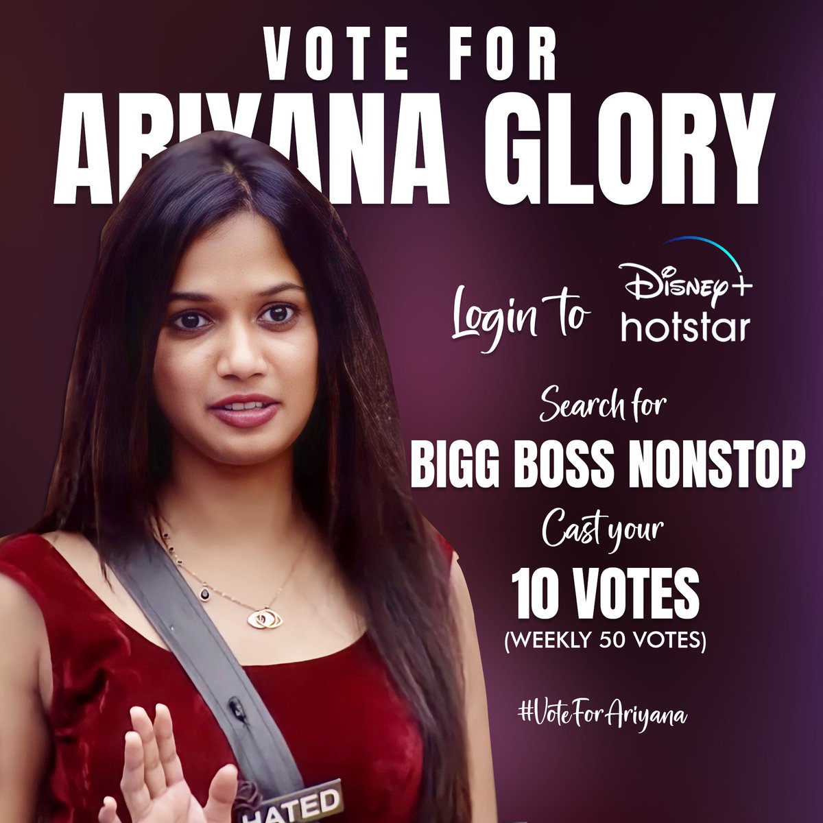 Let's vote and support our #daredevil Ariyana! 

Login to Disney + Hotstar APP
Search for BIGG BOSS NON STOP
CAST YOUR VOTE FOR ARIYANA (10 Votes)

No subscription required!  

#ariyanaglory #anchorariyana #biggbossott #biggbossnonstop #biggbossofficial