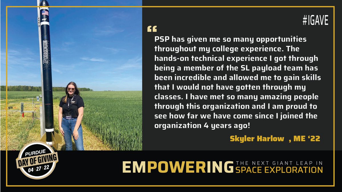 purdue_seds's tweet photo. Hear from PSP Student Launch’s Skyler Harlow about why she gave to #PurdueSpaceProgram for #PurdueDayOfGiving! Thank you so much Skyler for your support!
#IGave https://t.co/RwFI1akVIC
