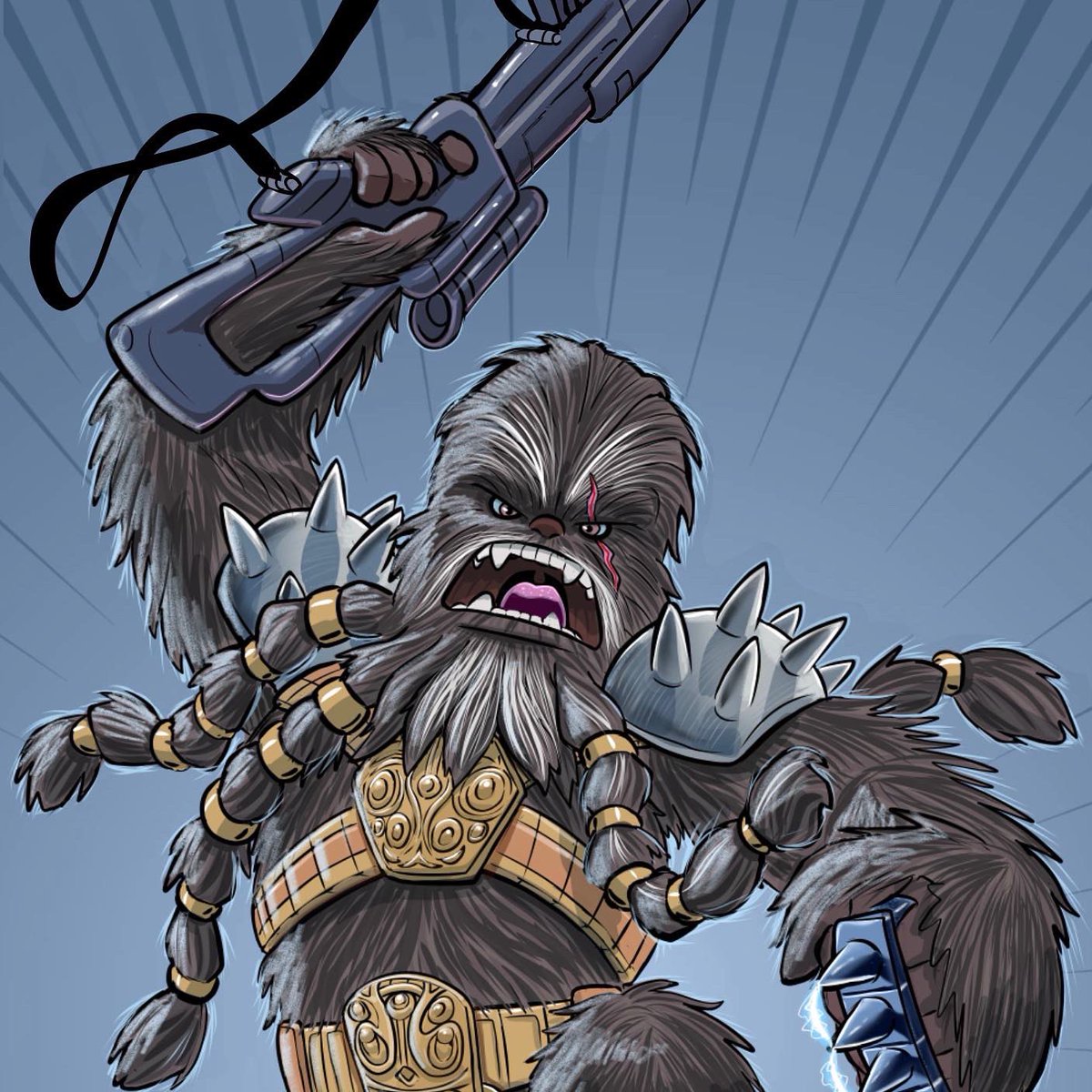Tonycartoonish's tweet photo. Updated this Krrsantan commission for @nicktendo28. Thank you for this fun challenge! #BlackKrrsantan #Krrsantan #wookie #starwars #fanart #starwarsfanart #thebookofbobafett #characterdesign #bowcaster #electricknuckles #warrior #gladiator created in #AdobeFresco https://t.co/9SGUAp9uLg