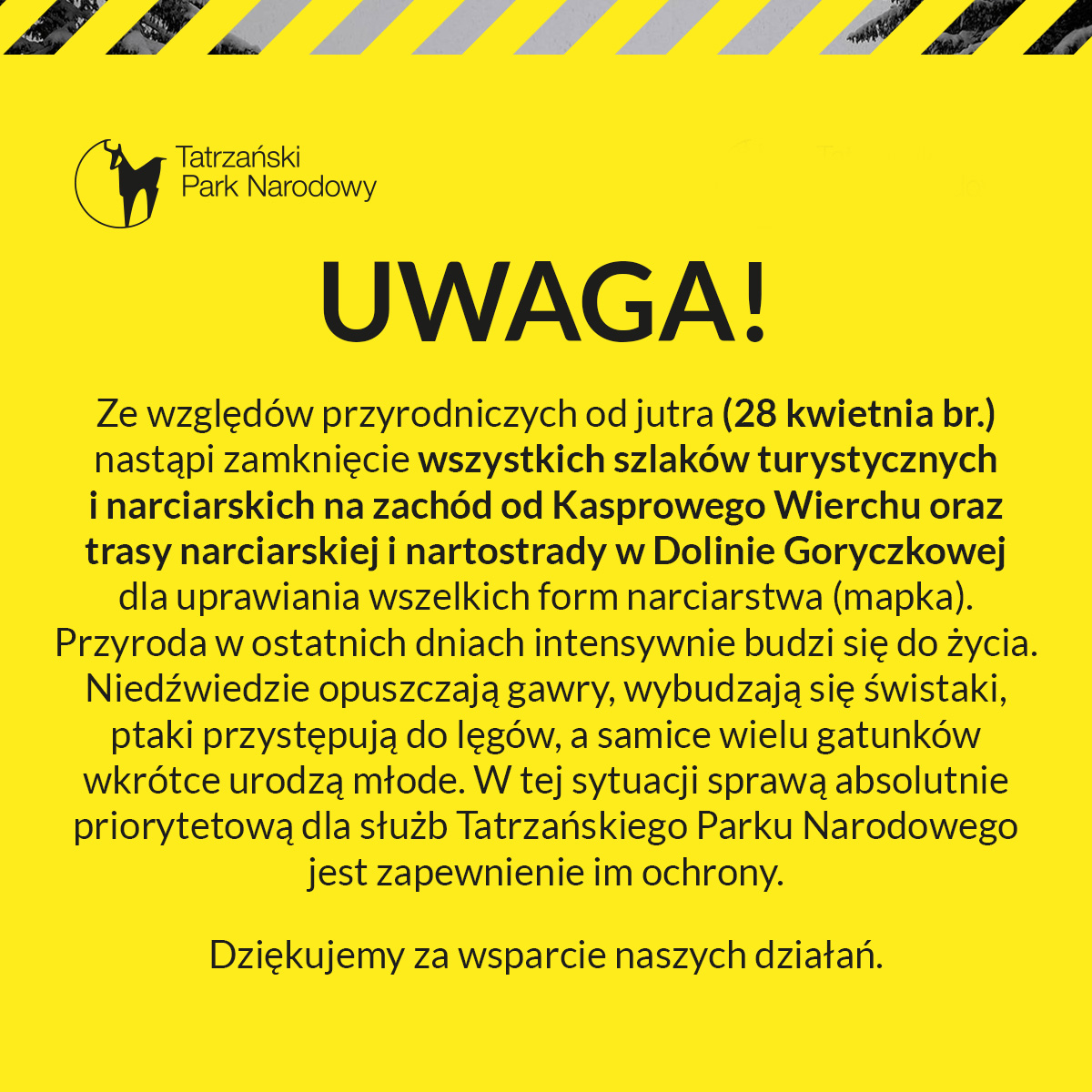 Tatrzanski_PN's tweet photo. Uwaga, od jutra częściowe zamknięcie Tatr dla ruchu skiturowego!
#Tatry #TPN https://t.co/Vn29mo3XG5