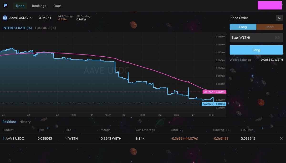 came across a really cool new project on <a href="/optimismPBC/">(Deprecated) Optimism ✨🔴✨</a> called <a href="/0xPegasusFi/">Pegasus Finance - Pega🦄</a> 

it's a perpetual exchanges allowing you to long/short any interest rate starting with the AAVE $USDC rate and later Curve pools etc.

im currently getting rekt but seems like a super useful DeFi primitive