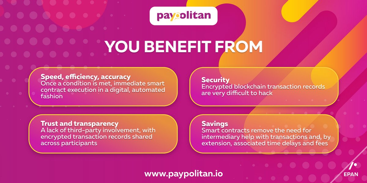 paypolitan's tweet photo. 💡Smart contracts permit trusted transactions and agreements among disparate, anonymous parties without the need for a central authority, legal system, or external enforcement mechanism 👀
☝️ #Paypolitan app incorporates smart contract technology to benefit you!👇👇👇 

#EPAN https://t.co/wxZA6ltjYP