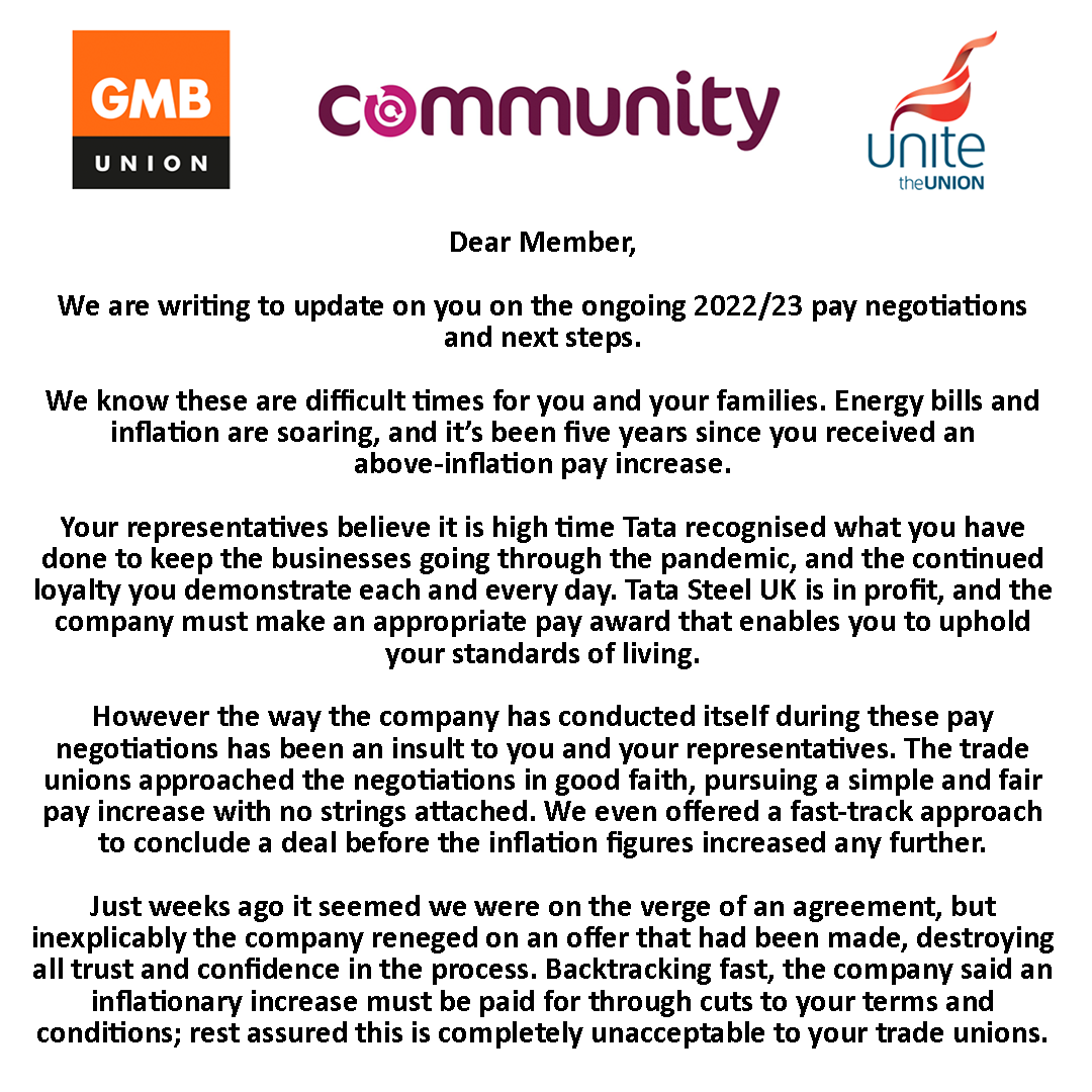 UniteWales's tweet photo. Latest joint trade union statement on the ongoing 2022/2023 pay negotiations for members at TATA Steel UK ⬇️ https://t.co/ENUvRSHgFA