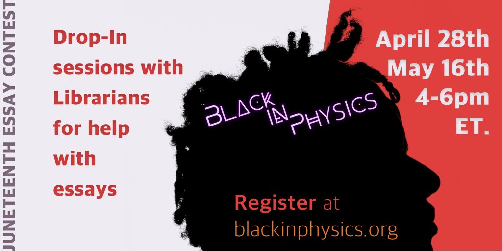 Dr. Eileen Gonzales (@egonzales788) on Twitter photo 📢 ATTENTION EDUCATORS 📢 <a href="/BlackinPhysics/">Black In Physics</a> is hosting a Juneteeth Essay contest for middle schoolers with PRIZES! We are hosting a drop-in help session with librarians on our website for students tomorrow 4-6pm. More at: tinyurl.com/BIPEssay #MiddleSchool #STEAM #edutwitter 📢 ATTENTION EDUCATORS 📢 <a href="/BlackinPhysics/">Black In Physics</a> is hosting a Juneteeth Essay contest for middle schoolers with PRIZES! We are hosting a drop-in help session with librarians on our website for students tomorrow 4-6pm. More at: tinyurl.com/BIPEssay #MiddleSchool #STEAM #edutwitter