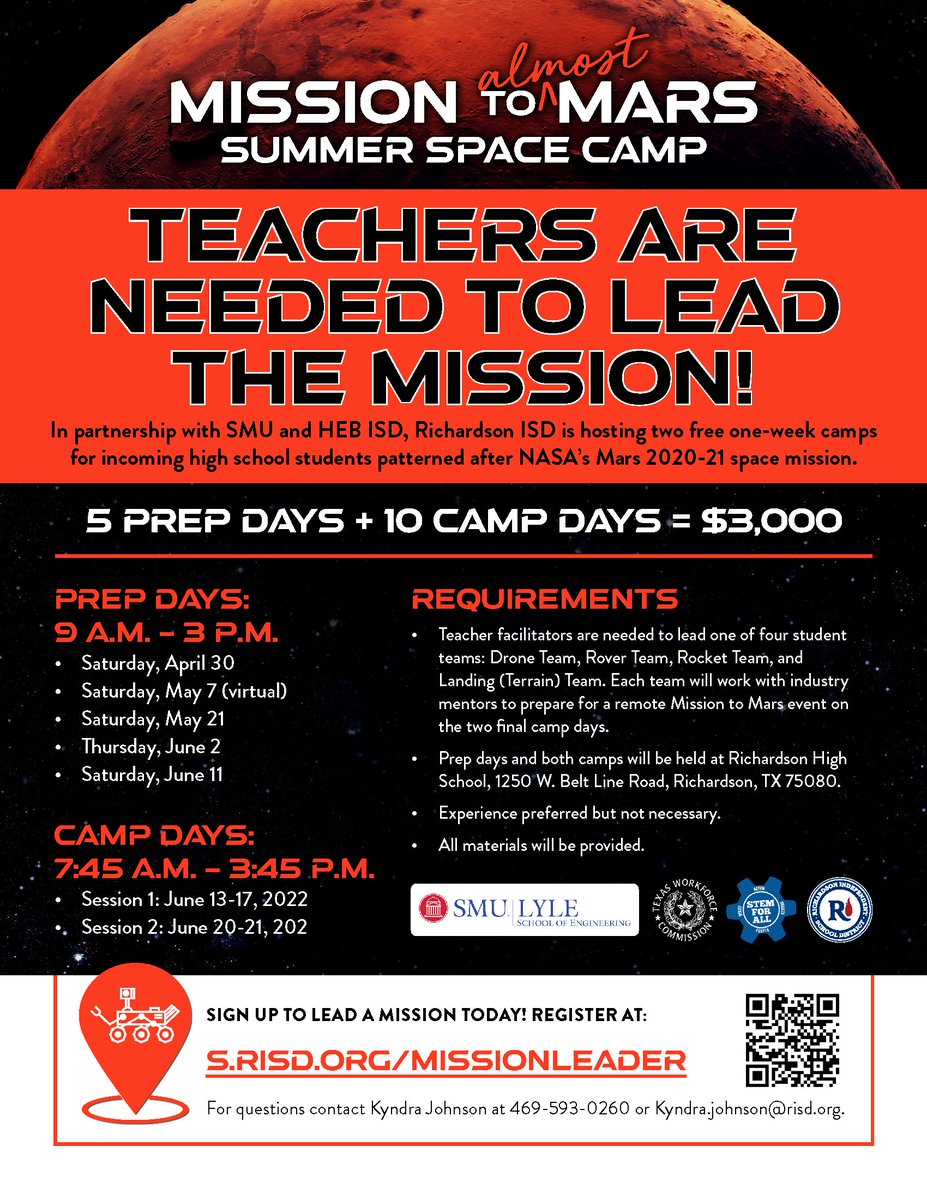 <a href="/RISD_STEM4All/">RISD_STEM4All</a> needs YOU! Teachers, if you've ever dreamed about going to Mars, this camp is for you! Become a facilitator for our Mission to Mars STEM Camp...June will be out of this world! <a href="/MiikaBaldwin/">Miika Baldwin</a> <a href="/RichardsonISD/">Richardson ISD</a> @MrsHimler