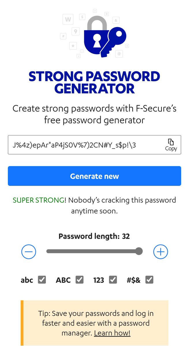 VeliUotila's tweet photo. Need an example of what a complex and unique password should look like?
By using @FSecure's Strong Password Generator you can create fairly strong passwords for all of your accounts, devices and services, boys and girls. https://t.co/hAGWJMYtMj
#InfoSec #DataSec #CyberSecurity https://t.co/euqKZJx0Ws