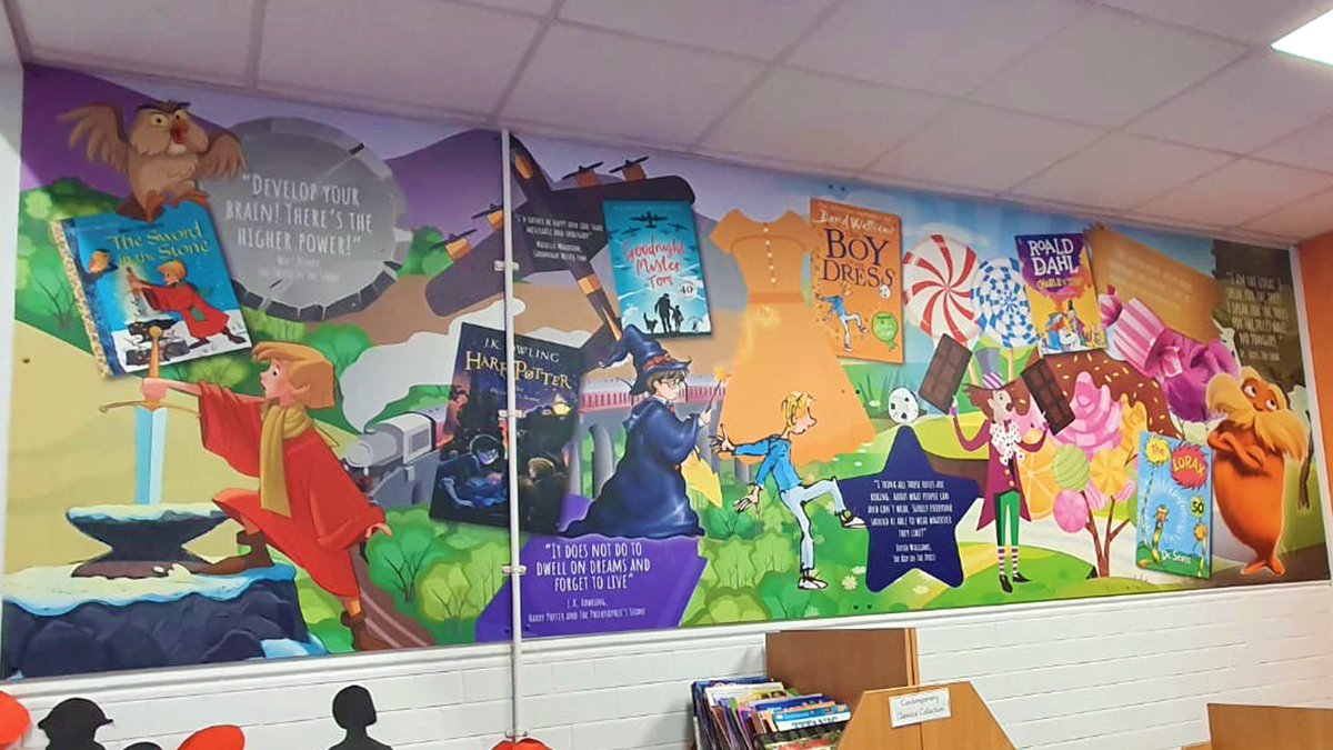 CreateCorridors's tweet image. Whilst the schools are nice and quiet over the Easter break, we've been busy installing beautiful wall graphics for #KS1 and #KS2!

These English department graphics are helping to inspire pupils visiting the library at @HolyheadPrimary  #primaryschools #walldisplay #library