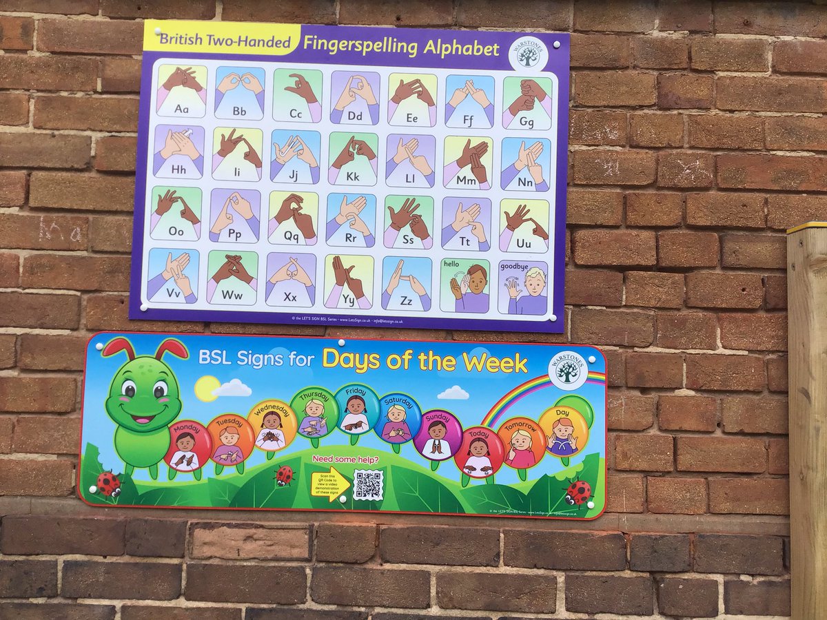 DRBWarstones's tweet photo. We love our new playground signs. The pupils can learn new BSL signs whilst outside and they will help everyone with communicating with our sign users in school. @theschoolsignshop https://t.co/9AHOgEUJKF