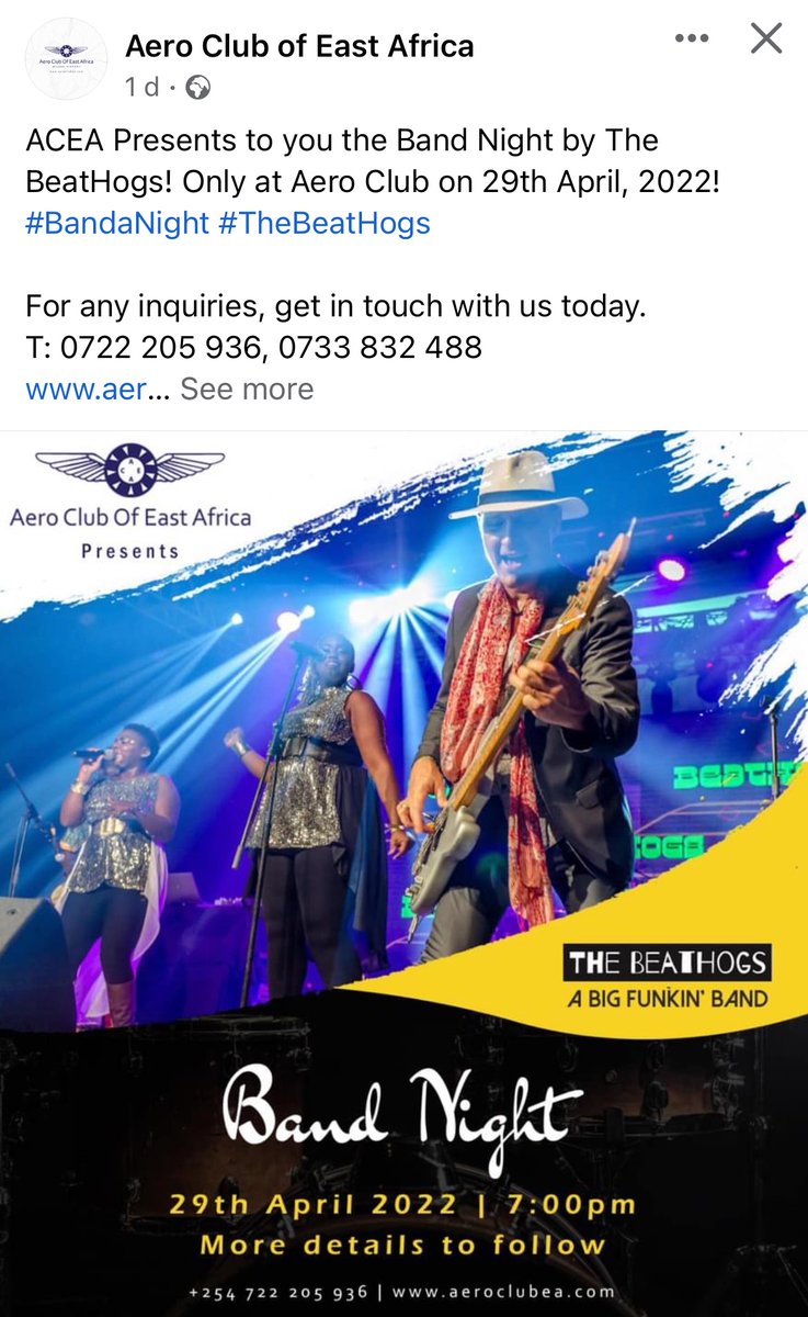 thebeathogs's tweet photo. Tomorrow Thursday, The Beathogs perform at the Band Night at Aero Club @ Wilson Airport. Guests on invitation only..... Feel free to contact The Club for an invitation. Please note: moved from Friday 29 to Thursday 28 April. https://t.co/iawJaFLZhf