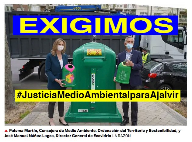 @CAparicioMaeztu
 que medidas tomara con las
miles de Tn. de #vidrio que están contaminando 
#Ajalvir Exigimos justicia 
Medioambiental para el Municipio de Ajalvir convertido en vertedero ilegal de vidrio 
@Ecovidrio
@ComunidadMadrid
@paloma_martinm
 @Europarl_EN
#limpiarAjalvir