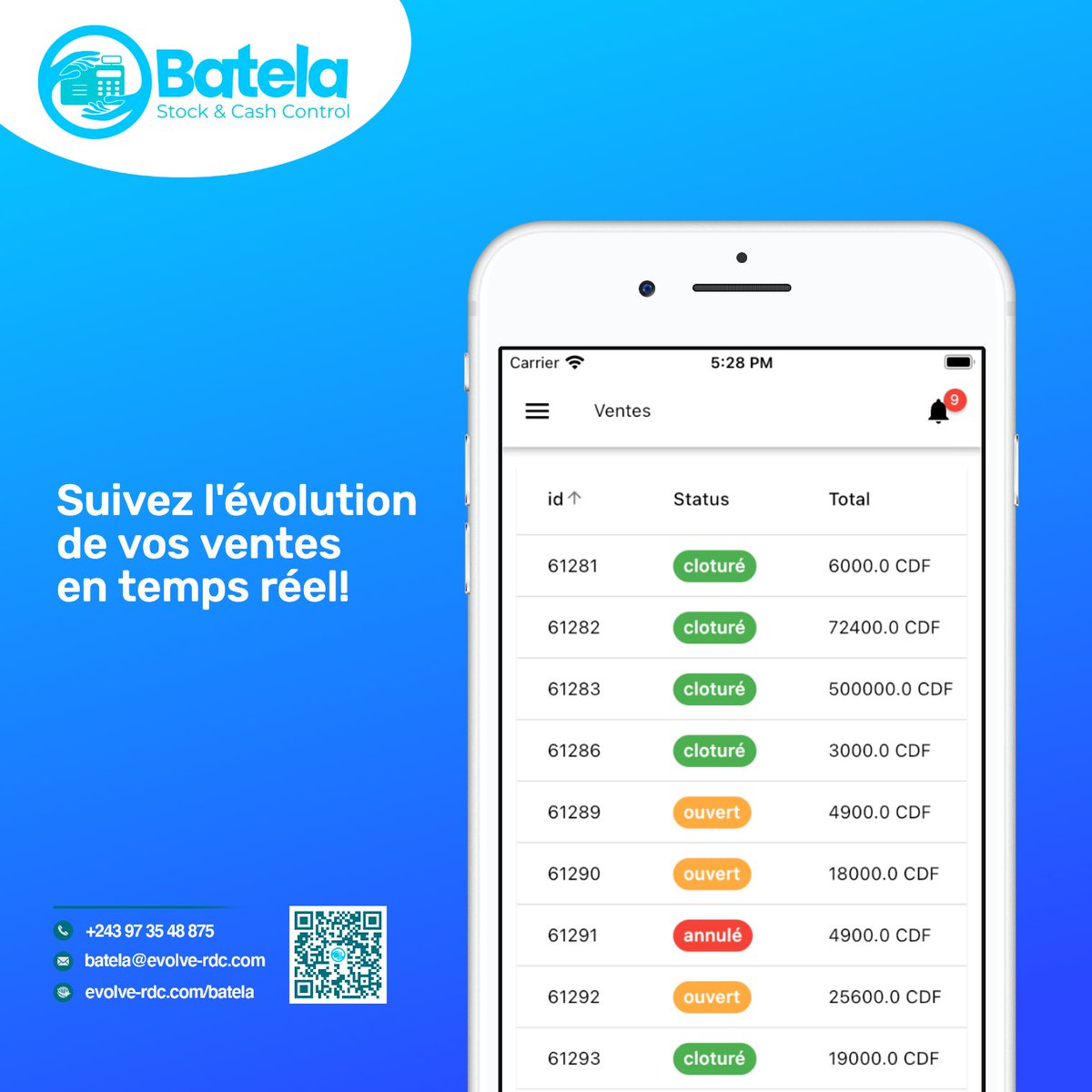 Batelabox's tweet photo. Reprenez le contrôle de votre #Business!

Suivez l'évolution de vos ventes en temps réel grâce à notre application #Batela!

#BusinessManagement #tech #fintech #pos #Sales #tracking #entrepreneurship #rdc #congo https://t.co/n4CiWEFPlm