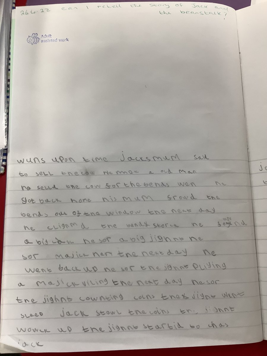 GPSlovesreading's tweet photo. Our reception children have been retelling Jack and The beanstalk! Look at the quality and high standard of that writing. Incredible! @OUPPrimary ELS is working wonders for our writing and spelling! #ELS #EYFS #earlywriting #Reception #writing #phonics https://t.co/u4lE6GTurW