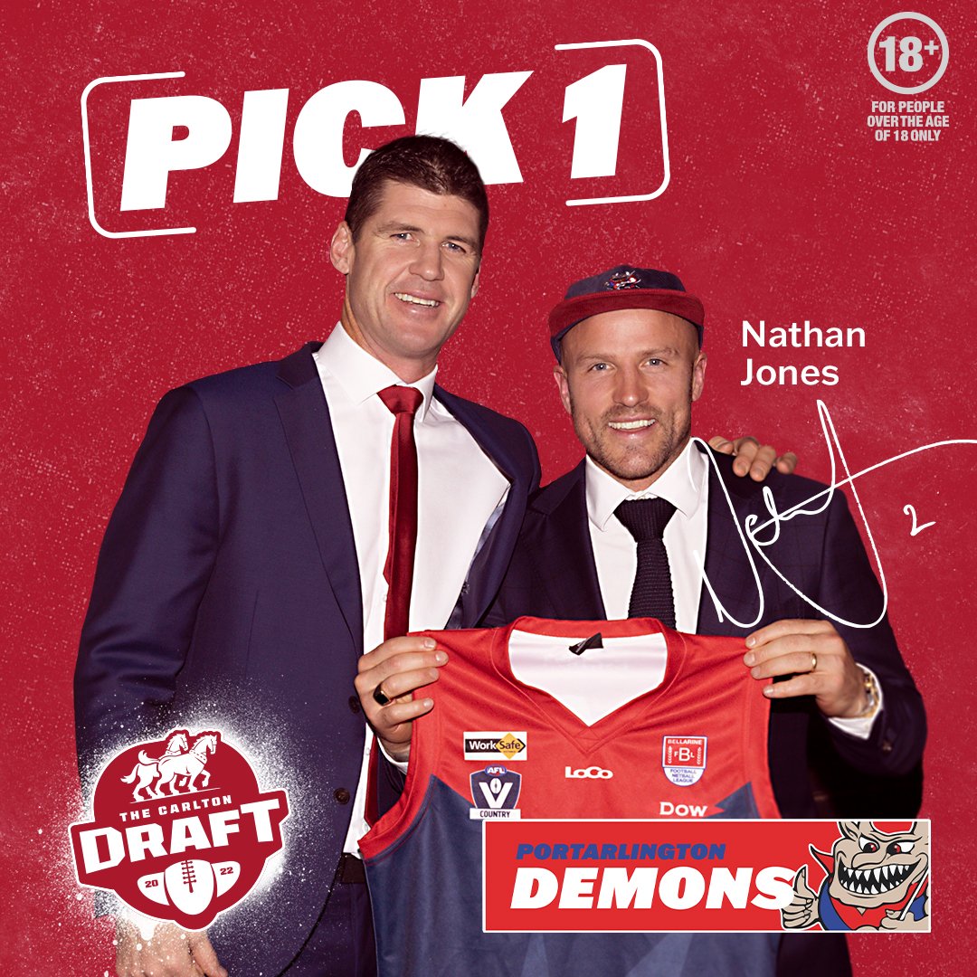 CarltonDraught's tweet photo. The pick is in! @PortarlingtonFNC select @nathan2jones with the number 1 selection in the Carlton Draft! He'll be a demon for life. https://t.co/563KNmZrf8