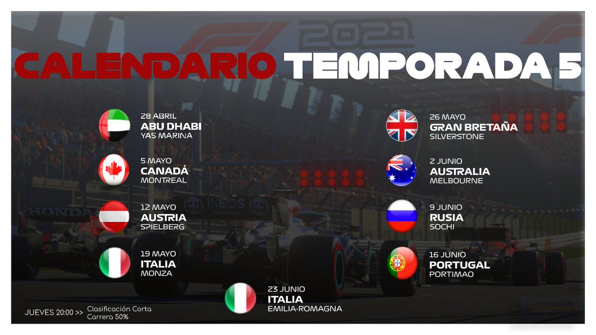 F1coroentena's tweet photo. 🗓️CALENDARIO OFICIAL🗓️
👉Estos son los 9 circuitos en los que se disputará la Temporada 5️⃣!
⏰Jueves a las 20:00h
🏁Clasificación Corta y Carrera 50%

👋Te esperamos! https://t.co/JH6KAdx8hb
