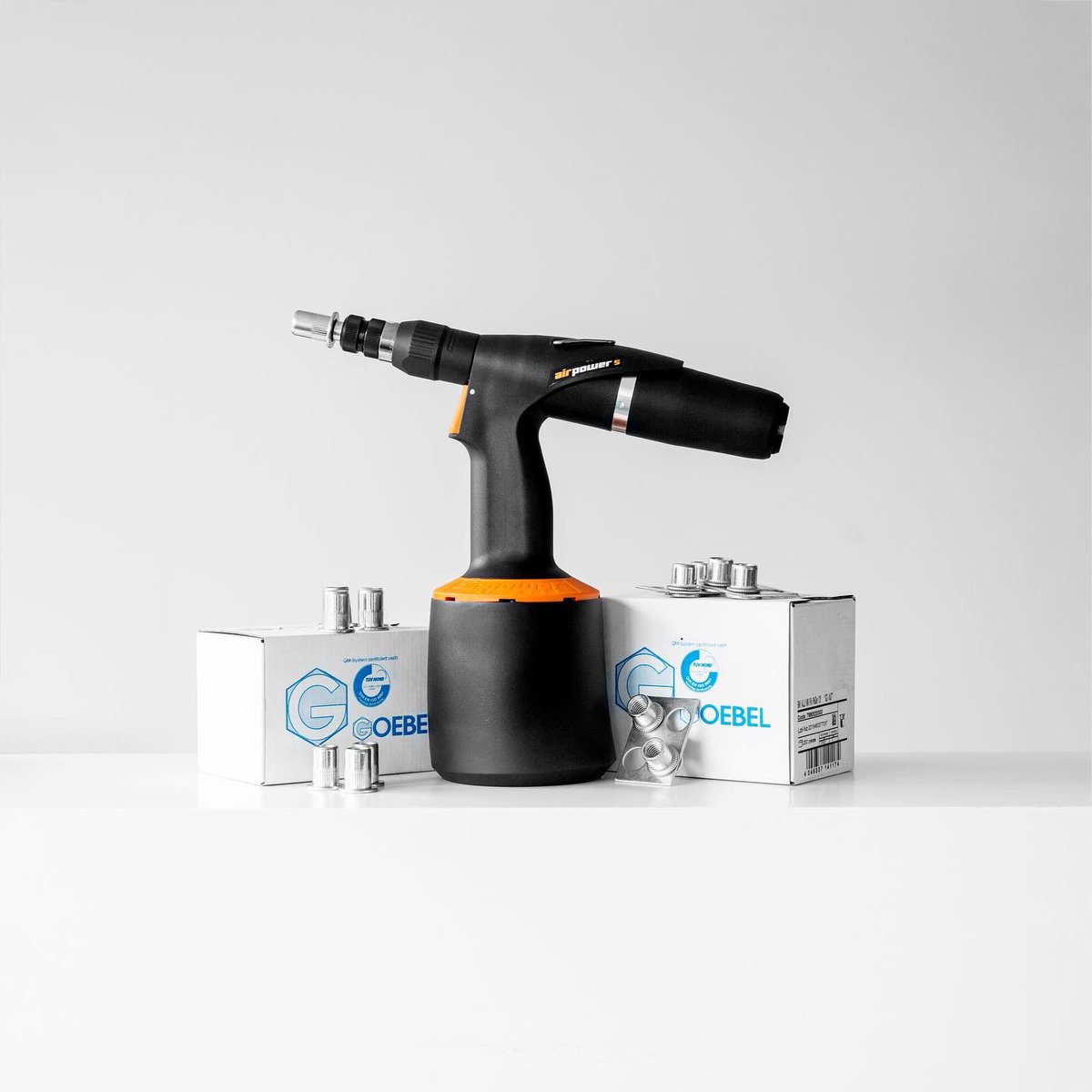 GmbhGoebel's tweet photo. The AIRPOWER 5 is our powerful pneumatic setting tool for blind rivet nuts. The AP5 can easily set M12 stainless steel rivet nuts, the full capacity is from M8 - M12.
It only weighs 2,23kg and has a stroke of 8 mm with a traction power of 27 kn. #AIRPOWER #pneumatic #settingtool https://t.co/TitmITyFtx