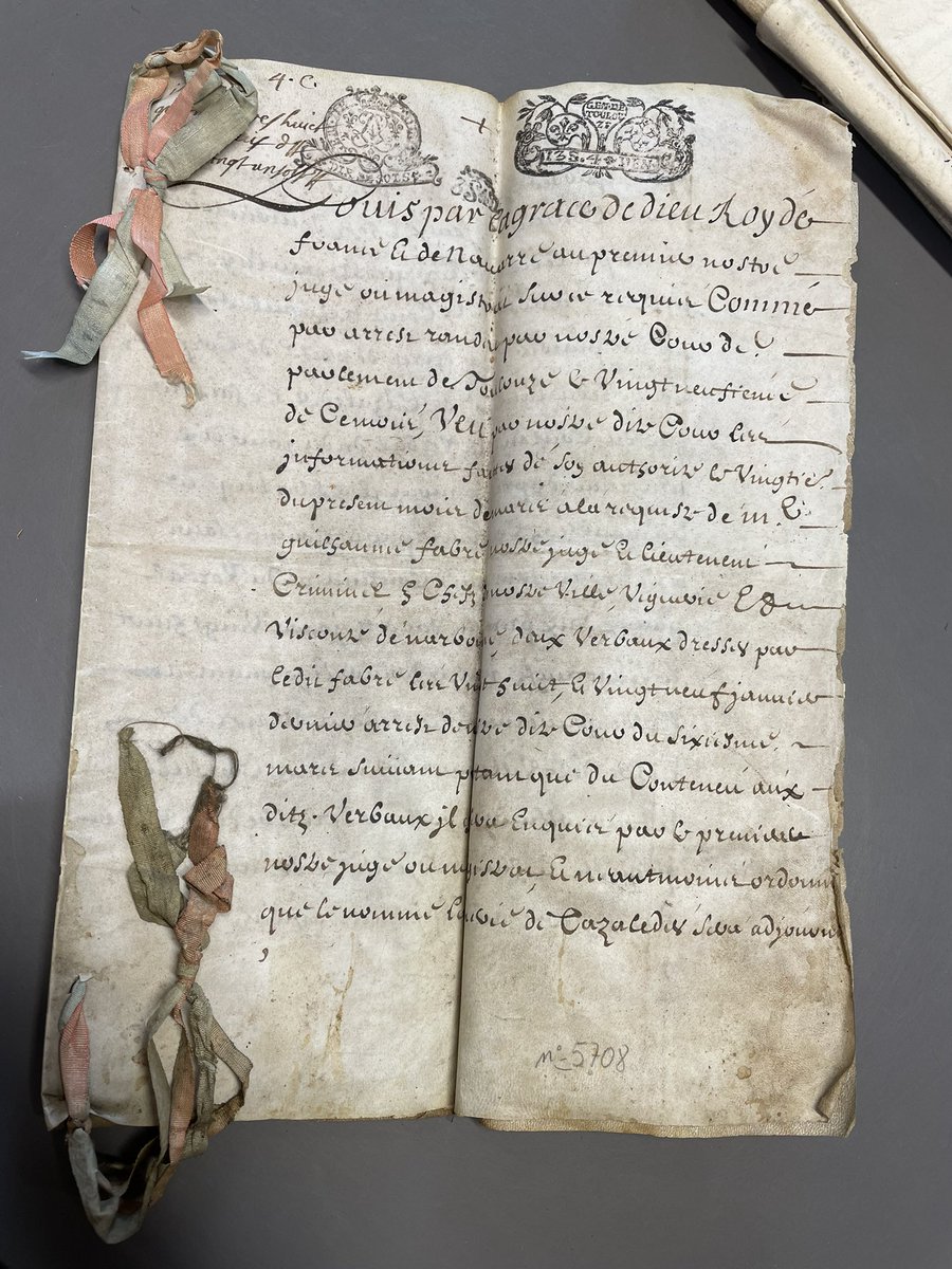Pulled this beautiful document out of the #criminalcases today - any EM materiality or legal pals know anything about the ribbon? I haven’t seen it on a sacs à procès before…did it mean anything? Or just a clerk with a bit of flair? #twitterstorians #earlymodern #frenchhistory