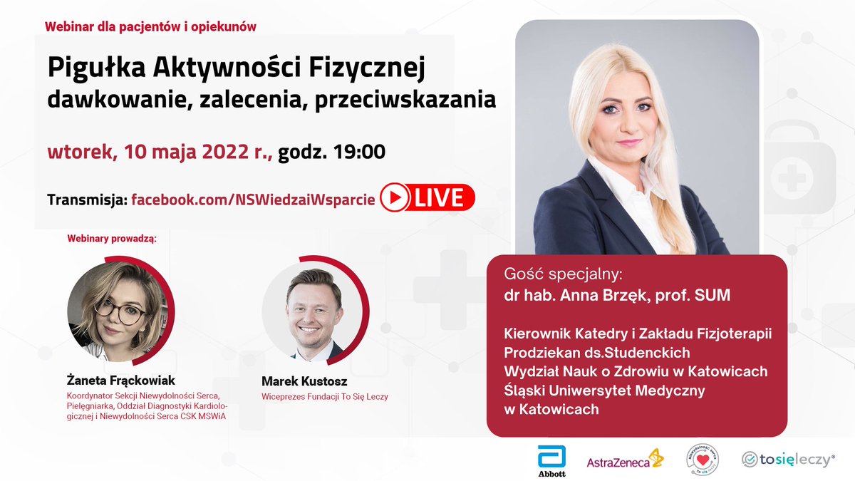 Zapraszamy na webinar dla pacjentów z niewydolnością serca poświęcony roli i zaleceniom aktywności fizycznej. Gościem specjalnym będzie fizjoterapeutka, dr Anna Brzęk z @SumKatowice 📅10 maja, godz. 19:00 Zapisz się na bezpłatny webinar fb.me/e/2nmZMvaQp #niewydolnośćserca