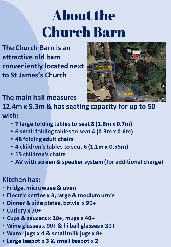 BiddenhamChurch's tweet image. St James's Church Barn, an ideal space for meetings, regular classes, small parties and other events.