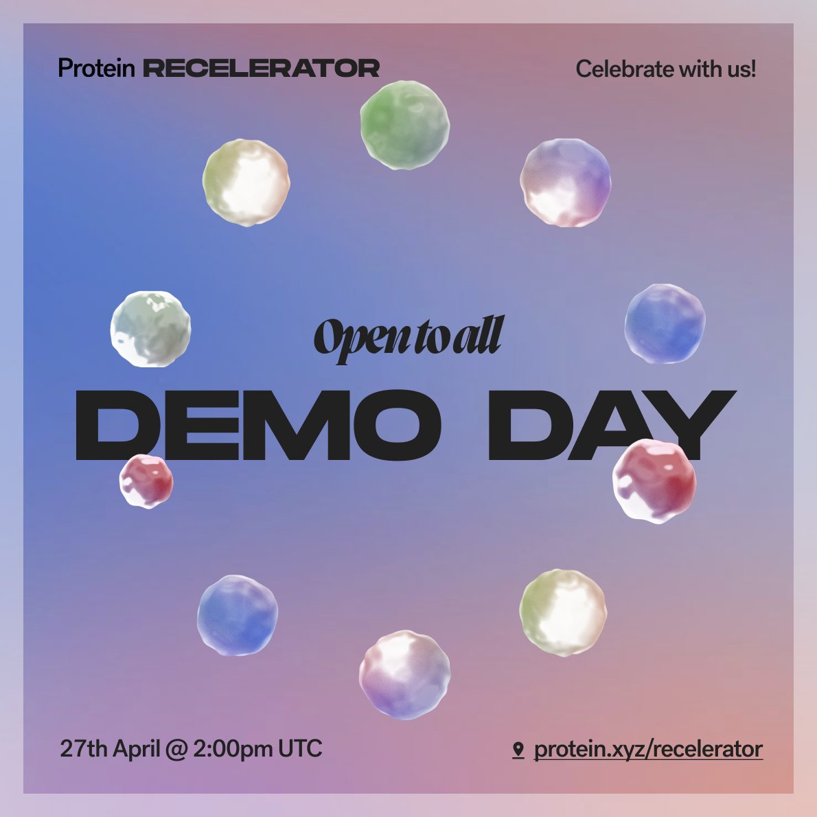 protein's tweet photo. So excited for our Protein Recelerator Demo Day later 🤩 Happening today April 27th at 2pm UTC/7am PDT, hearing from this season’s projects— @Zouzoukwa, @V01Dhaus, and @WonderSeedFdn 🌱 Open to all, see you there 🌈 https://t.co/yQlvVE5uxj https://t.co/TkuSxeWRFi