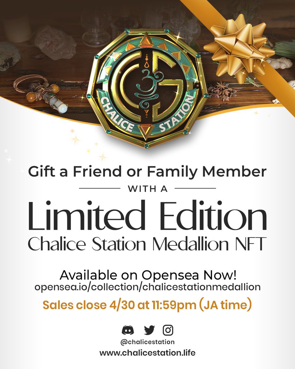 There’s no greater gift than a healthy lifestyle! Gift a friend or family member a Chalice Station NFT! Available now on <a href="/opensea/">OpenSea</a> through April 30th. 

More details on our website at ChaliceStation.Life

#ChaliceStation
#Jah9
#GenesisNFT
#Web3Wellness