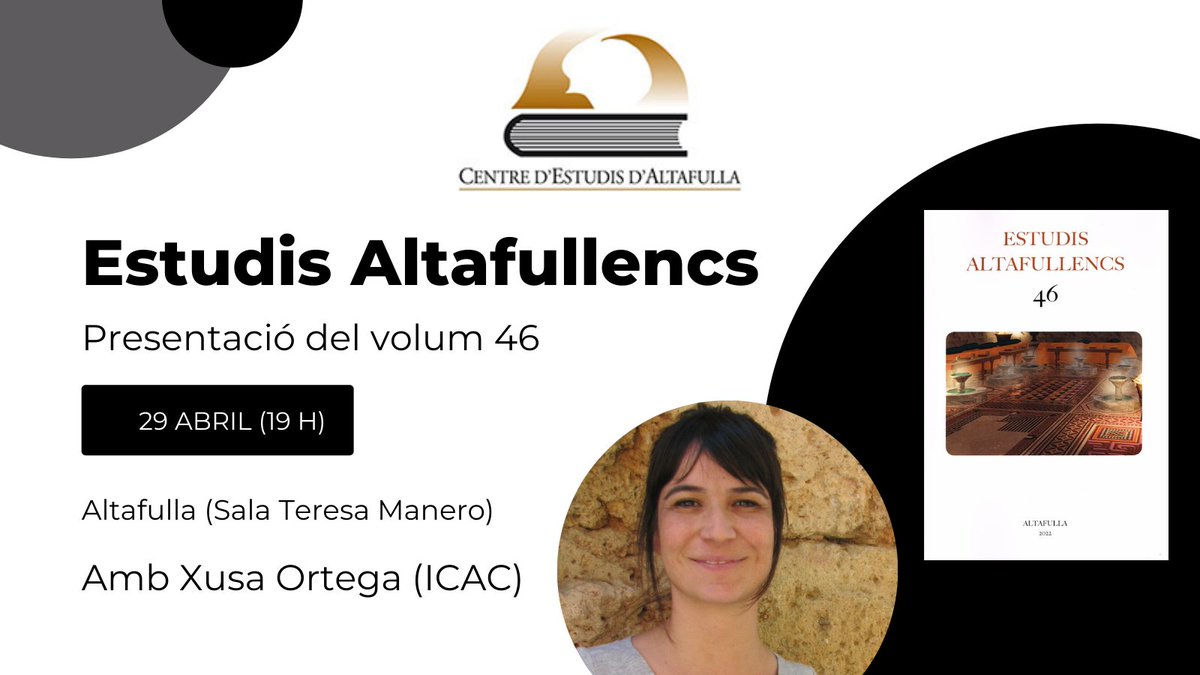 🗣️ Presentació del volum 46 de la revista 'Estudis Altafullencs', amb un article de Xusa Ortega <a href="/Xusa_Ortega/">Xusa Ortega</a> (<a href="/GIAP_ICAC/">GIAP, Landscape Archaeology Research Group</a>) i Moisès Díaz sobre el paisatge històric d'#Altafulla i les intervencions arqueològiques al municipi, i a #Safranars.
🗓️ 29/04, 19h
ℹ️ icac.cat/difusio/activi…