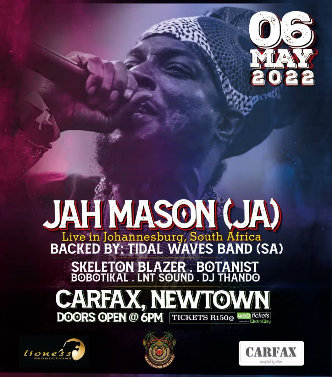 LionessProdSA's tweet photo. Ready to dance down Babylon?
@jahmasonmusic🇯🇲 Live in Joburg, backed by @tidal_wavesofficial🇿🇦 supported by @skeletonblazer @botanistsniper @bobotikal @lntsound #DjThando🚀🚀💣
🗓️- 6 May
🎟️ - @webticketsSA & Pick 'n Pay stores
💃🏾🕺🏾- @carfaxnewtown
#reggaemusicagain ❤️💛💚 https://t.co/f5ALUR3JiQ
