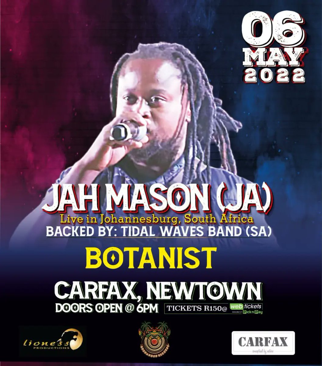 LionessProdSA's tweet photo. Ready to dance down Babylon?
@jahmasonmusic🇯🇲 Live in Joburg, backed by @tidal_wavesofficial🇿🇦 supported by @skeletonblazer @botanistsniper @bobotikal @lntsound #DjThando🚀🚀💣
🗓️- 6 May
🎟️ - @webticketsSA & Pick 'n Pay stores
💃🏾🕺🏾- @carfaxnewtown
#reggaemusicagain ❤️💛💚 https://t.co/f5ALUR3JiQ