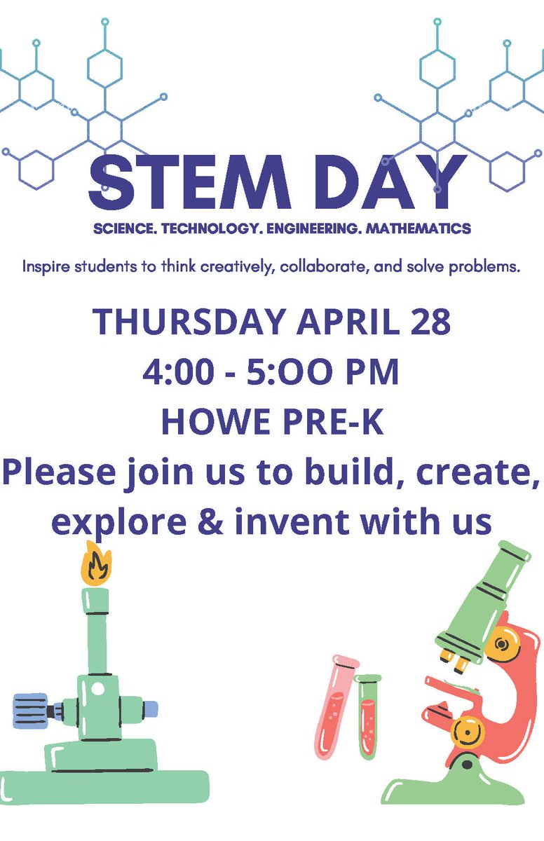 Join us tomorrow, Thursday, April 28th, for our STEM DAY at Howe Pre-K🐻💙

(Time: 4PM - 5PM)

#itsagreatdaytobeahowebear
<a href="/NHCSPreK/">NHCS Early Childhood Education</a>