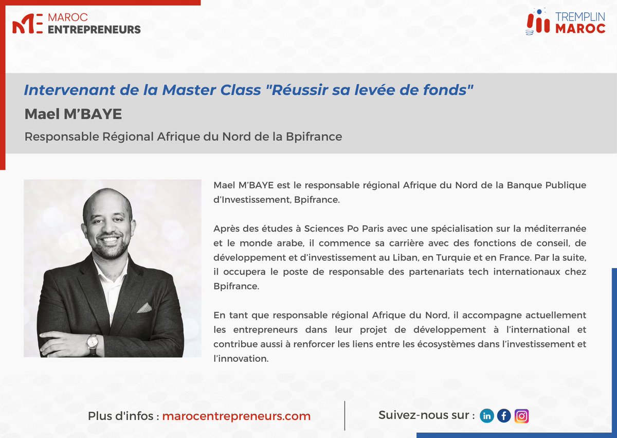 Maroc_Entrepren's tweet photo. Nous sommes ravis de recevoir @MaelMby, Responsable Régional Afrique du Nord @Bpifrance. Il participera à la #masterclass  "Réussir sa levée de fonds"🤩au programme de la 14ème édition de la Journée de la Création d'#entreprise  !🚀🇲🇦 🇫🇷
Inscription👉: https://t.co/YkXVPApcjv https://t.co/YCZ01aqMPp