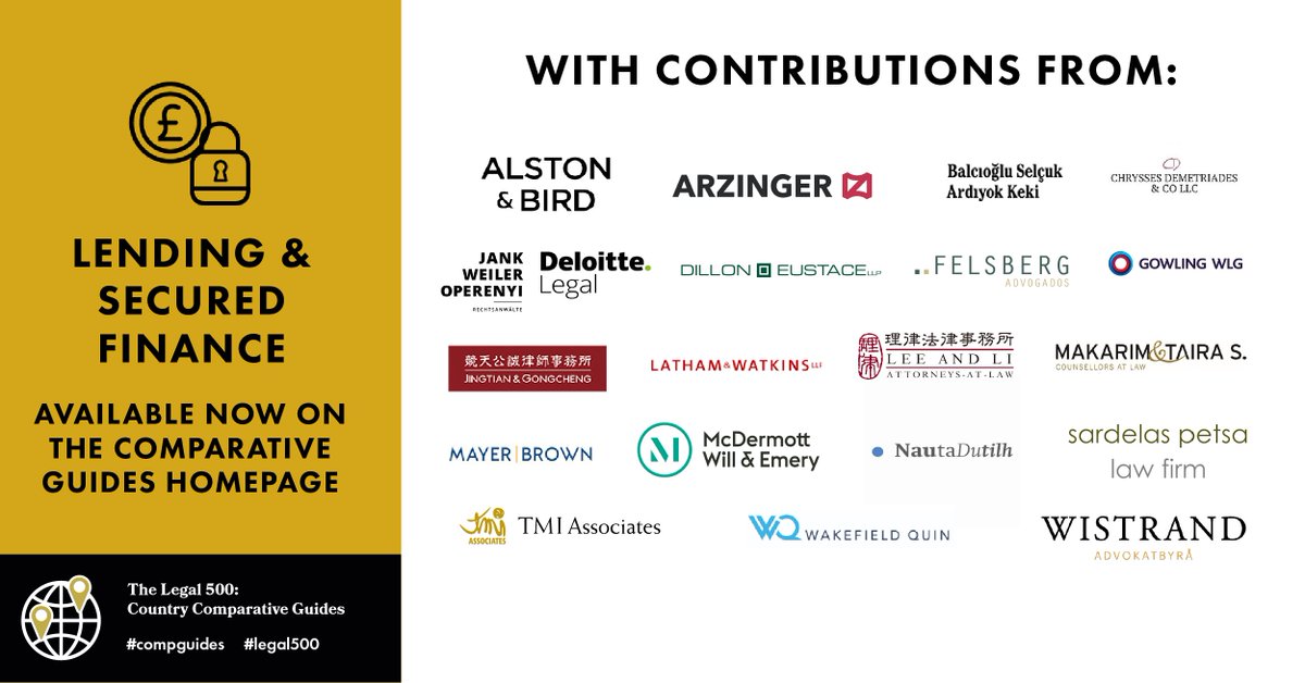thelegal500's tweet photo. The Legal 500: Lending &amp; Secured Finance Country Comparative Guide, in association with our brilliant contributing editor @Mayer_Brown, is now live at https://t.co/ocgxmduU2T. 

A huge thank you to all of our contributors!

#LendingLaw #SecuredFinance #Legal500 #CompGuides https://t.co/7bAmptq8n3