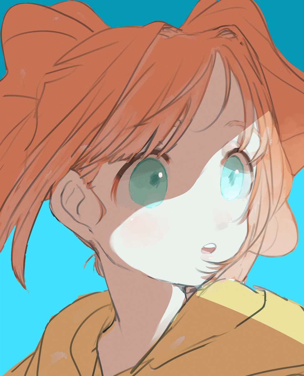 takatsuki yayoi 1girl solo twintails blue background hood orange hair open mouth  illustration images