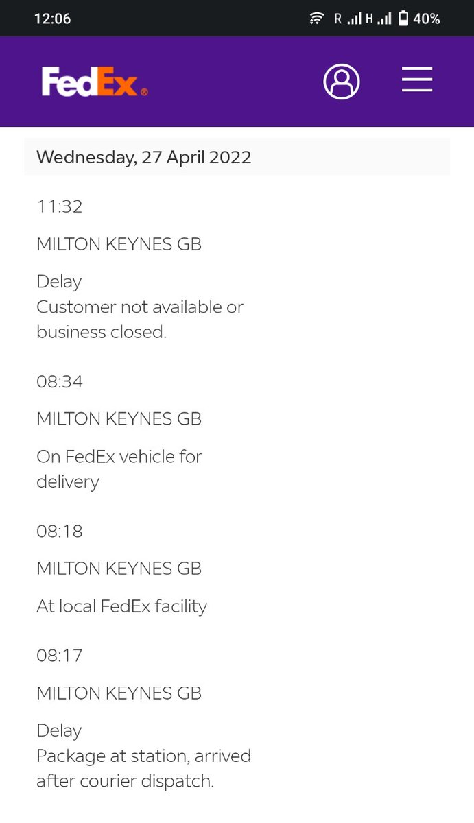 dshreyas92's tweet photo. @FedEx @FedExHelpEU I was supposed to receive a shipment today.
The status just updated to: customer not available.
I've been home all day.
There was no knock on the door.
There was no note left at the door by the delivery person.
Please explain!
Was the delivery even attempted? https://t.co/18WwbavuN8