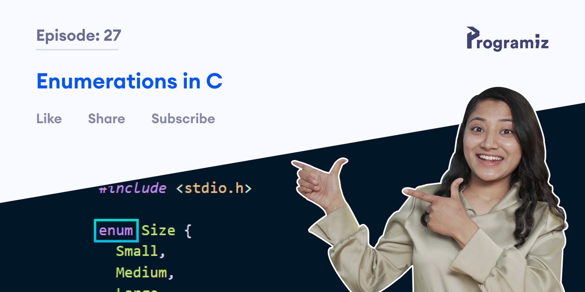 programiz's tweet image. Did you know assigning names to integral constants can make a program easy to read? It can be done through Enumeration (enum).
👉 Watch how in today’s episode:
EP 27: Enumerations(enums) in C
🔗: youtu.be/-N212LgGqik
#programiz #programming #enums #enumeration