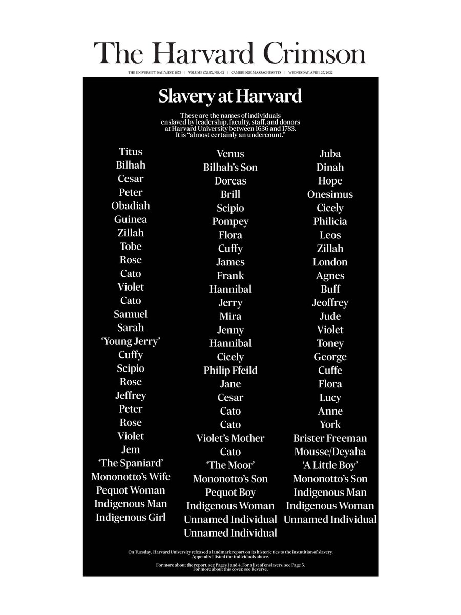 raquelco15's tweet photo. Today @thecrimson dedicates its front page to the memory of the more than 70 individuals enslaved by faculty, staff, and donors at Harvard from 1636 to 1783. https://t.co/Rp7j5j6Sj8