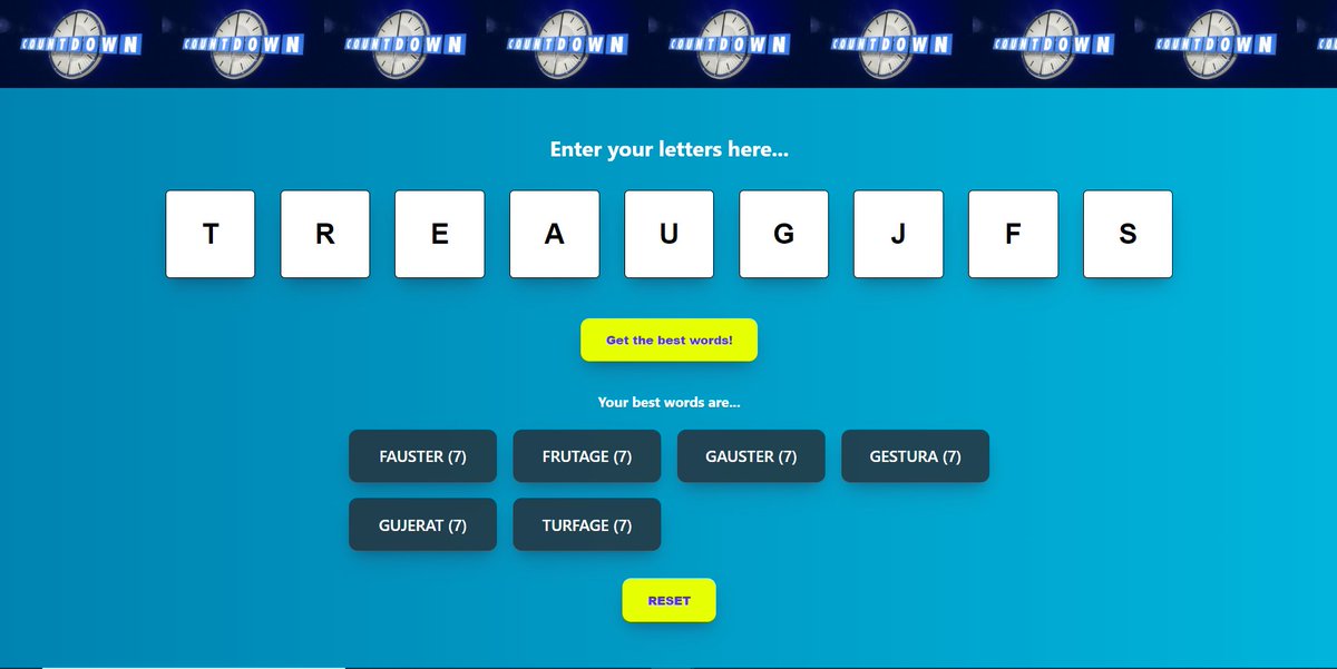 scottydowntown's tweet photo. Having a bit of fun this week coding an app that lets you cheat at Countdown! Next steps are to add definitions of the suggested words, then make it mobile responsive to allow you to cheat a bit more surreptitiously from the sofa 😉
#react #coding #countdown #gameshow #cheating https://t.co/XvdTRdTFL0