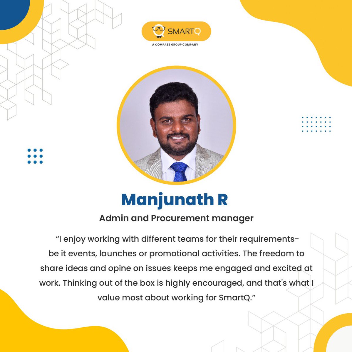 theSmartQ's tweet photo. Manjunath has grown leaps and bounds ever since he joined us as a Relationship Manager. After 3+ fruitful years at SmartQ, he is now the Admin and Procurement Manager, where he strategises to find cost-effective deals and implements the ideal ways to cater to the needs of teams. https://t.co/ufc4OoGn81