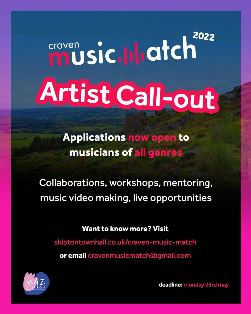 Applications are still open for Craven Music Match for musicians of all genres! The project aims to encourage collaborations, provide workshops and mentoring, live opportunities and music video making. skiptontownhall.co.uk/craven-music-m… or email cravenmusicmatch@gmail.com

#CravenMusicMatch