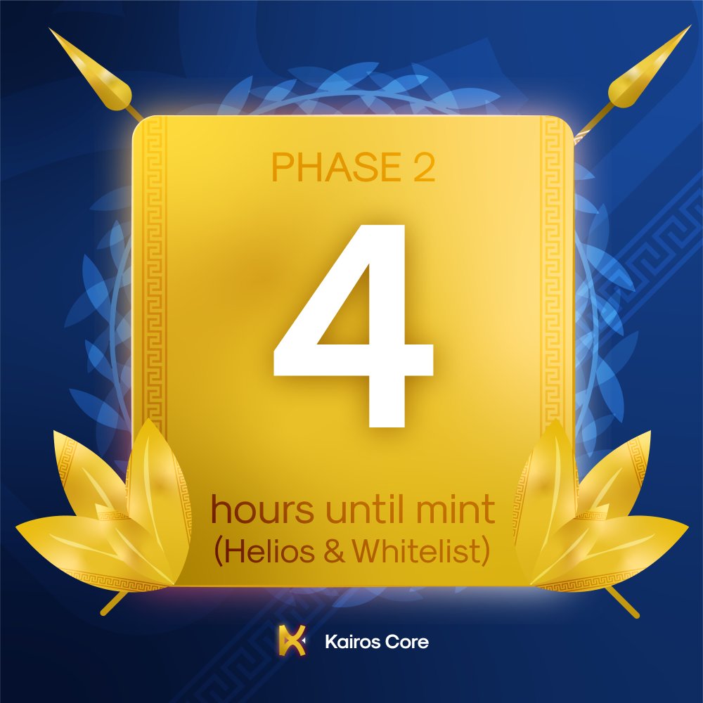 kairos_core's tweet photo. less than 4 hours left until Phase 2 mint! Make sure you didn't miss any necessary steps to be ready for our mint later at 3PM UTC!

#CNFT #cnftmint #CNFTCommunity https://t.co/iRNC3Vy6Gt