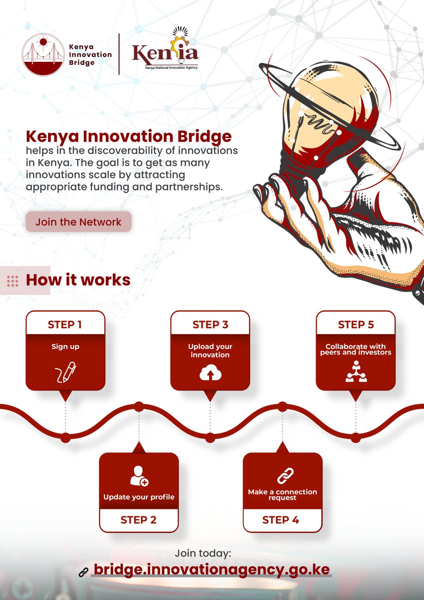 KENIAupdates's tweet image. Are you an innovator or researcher? Are you looking for industry  collaborators or investors? The #KenyaInnovationBridge helps you connect with peers and collaborators within a few steps. Visit bridge.innovationagency.go.ke to JOIN THE NETWORK