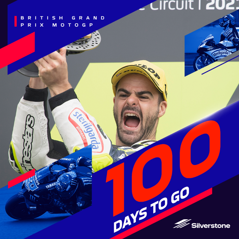 SilverstoneUK's tweet photo. The 2022 British Grand Prix @MotoGP weekend gets underway in just 𝟭𝟬𝟬 𝗱𝗮𝘆𝘀!

Who will we be celebrating on the podium this year? 🍾