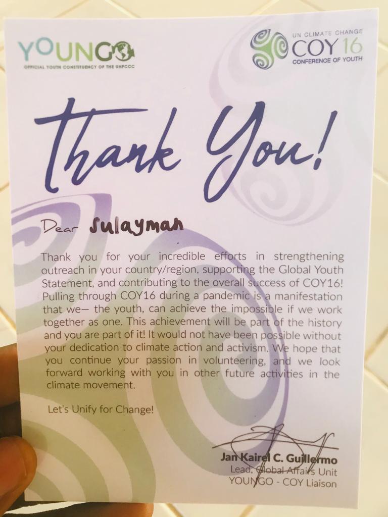 PaSulaymangaye's tweet photo. Got this from @coy16glasgow in recognition of the efforts I & my Co @ThaDecent1 put towards strngthning outreach nd developng the Youth Climate Statemnt presnted @ Glasgow.
I appreciate it & proud to have served as Coordinator ๐ฌ๐ฒ
The advocacy continues!
#COY16
#UnifyingForChange https://t.co/Q17RDXOwKL
