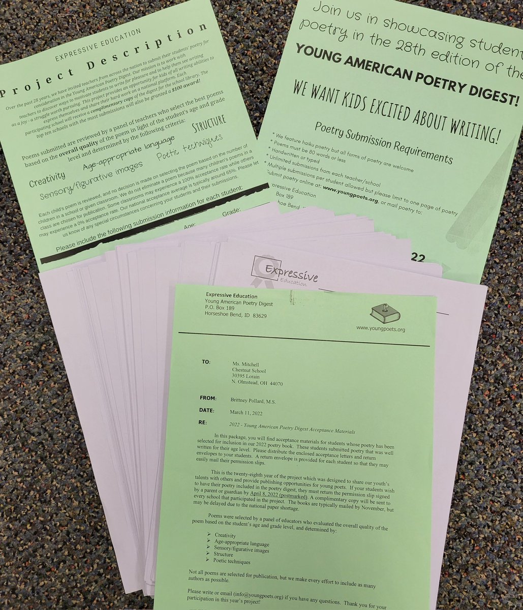 Jackimb7's tweet photo. I submitted 230 poems, and I had 127 students have thier poems accepted to be published! I'm so proud of them, they worked hard and are so excited to be published authors! Thank you @MonninBrent for allowing me the opportunity to do this with our students. https://t.co/gyyzJdgjv2