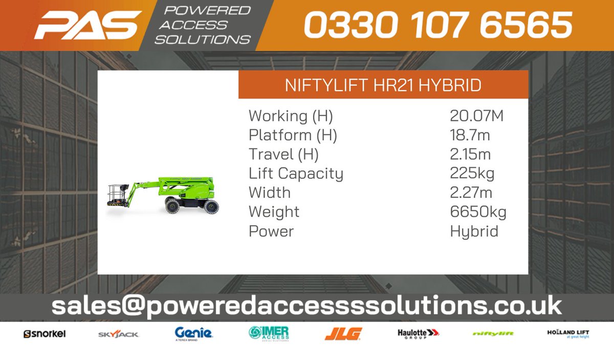 🟠🟠The Niftylift HR21 Hybrid 🟠🟠  

At just 6,300kg the HR21 AWD can be up to 50% Lighter than its competition while still being narrower and shorter in length and height.

View &amp; Download product spec - poweredaccesssolutions.co.uk/boom-hire/nift…

#Poweredaccess