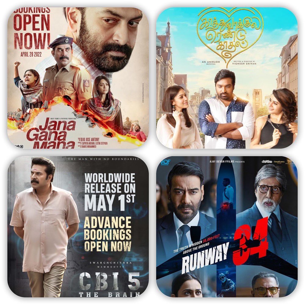 TNwMoviReleases's tweet photo. Movie release this week
1. #NoWayOut (M) - released
2. #Jersey (H) - released
3. #JanaGanaMana (M) - April 28
4. #KaathuvaakulaRenduKaadhal (T) - April28
5. #Runway34 (H) - April29
6. #Acharya (Tl) - April 29
7. #CBI5TheBrain (M) - May1 #Moviereleasethisweek https://t.co/4vusOk8Hp6