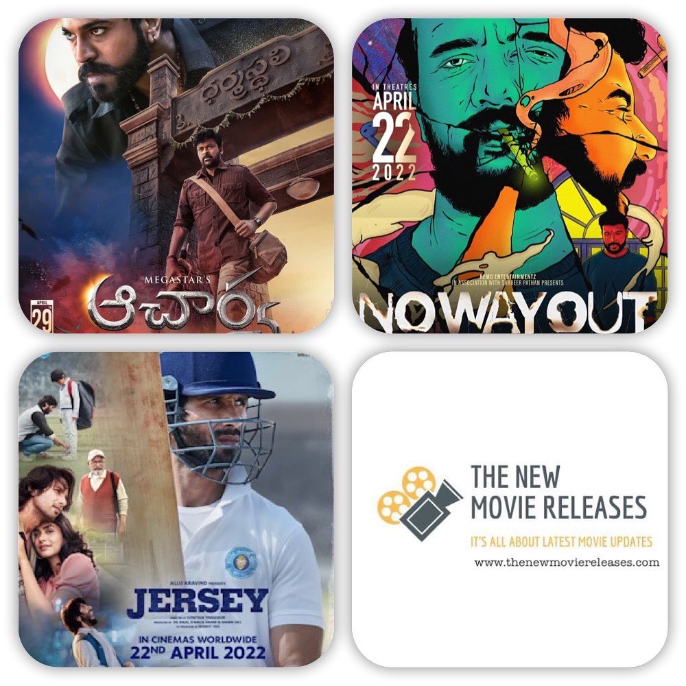 TNwMoviReleases's tweet photo. Movie release this week
1. #NoWayOut (M) - released
2. #Jersey (H) - released
3. #JanaGanaMana (M) - April 28
4. #KaathuvaakulaRenduKaadhal (T) - April28
5. #Runway34 (H) - April29
6. #Acharya (Tl) - April 29
7. #CBI5TheBrain (M) - May1 #Moviereleasethisweek https://t.co/4vusOk8Hp6